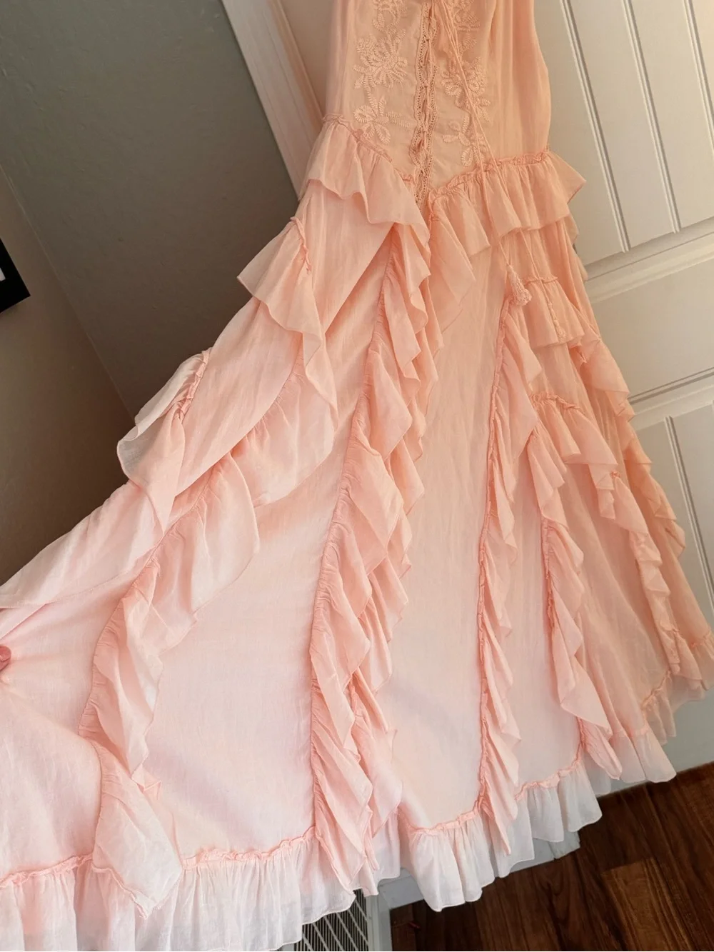 Boho Peach Ruffle Maxi Dress Lace Trim Smocked Back Festival Cottagecore - Picture 7 of 10